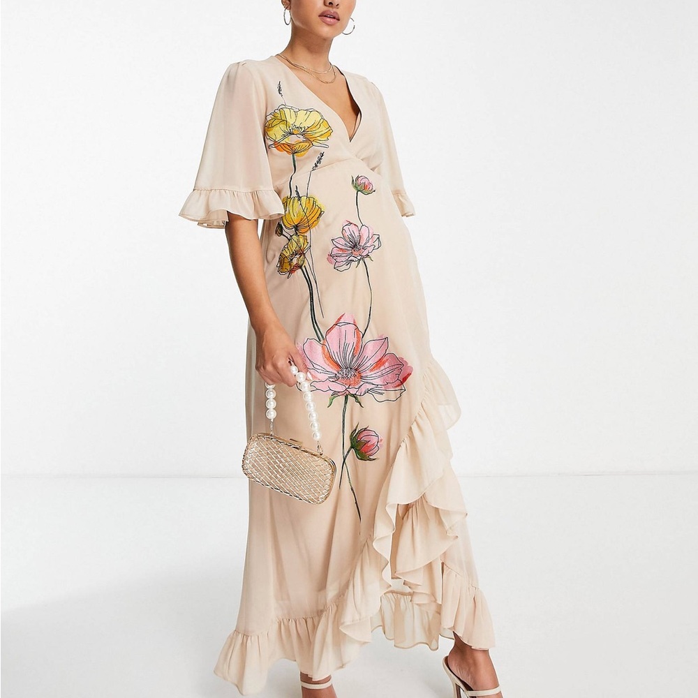 Floral V-Neck Ruffle Maxi Dress in Blush